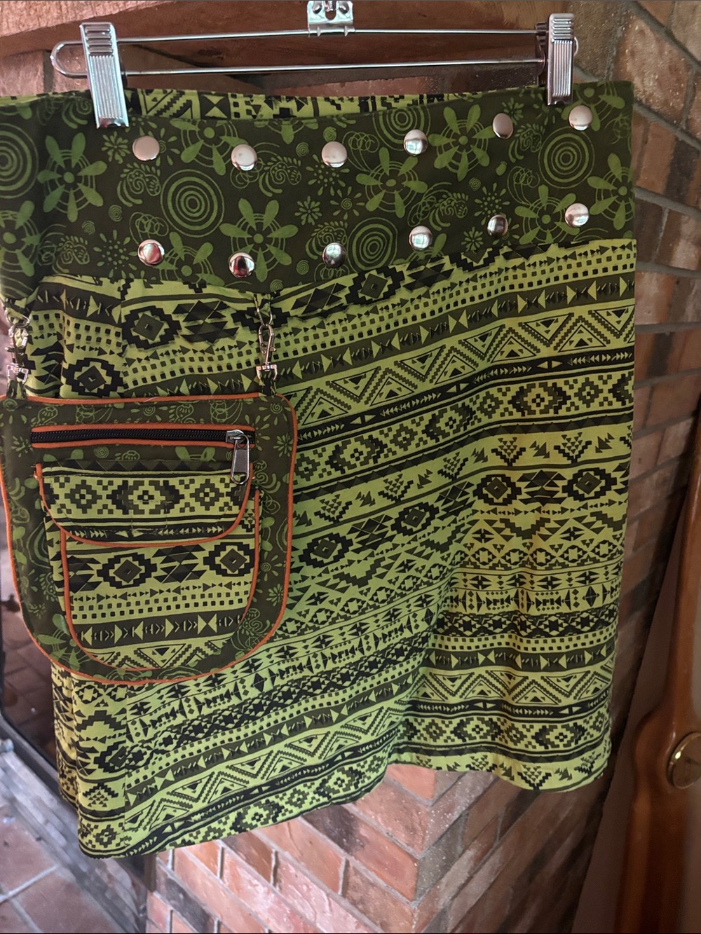 Olive and Lime Green Tribal Print Midi Skirt with Pocket and Studs